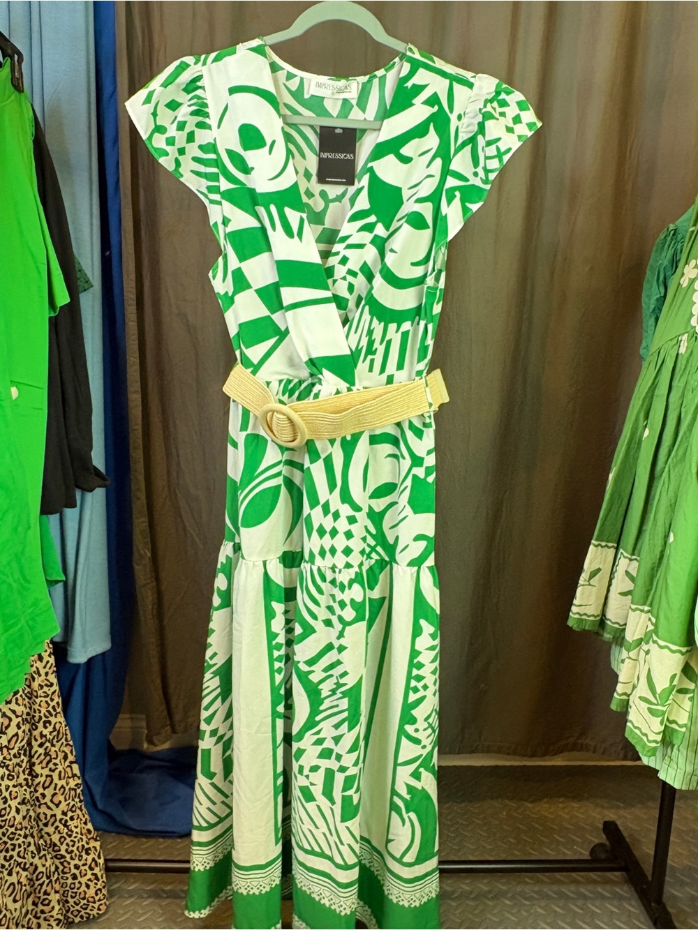 Impressions Green & White Graphic Print Wrap Dress with Beige Belt